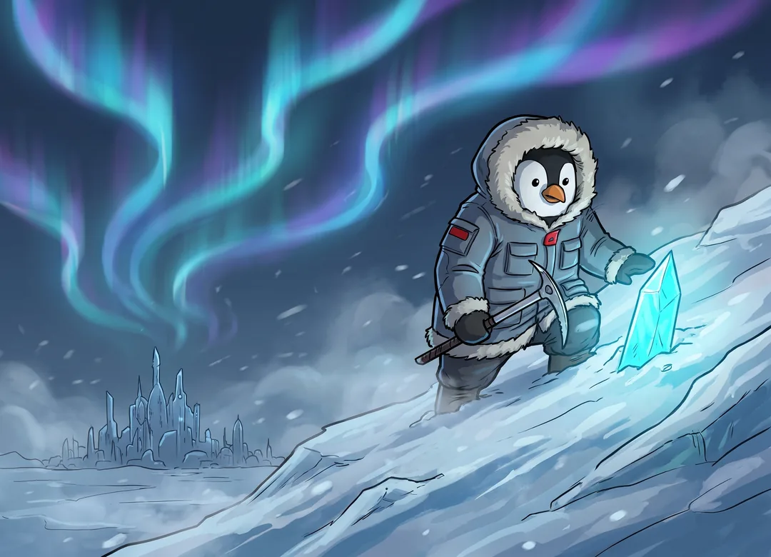 A penguin scout climbing a glacier ridge under the aurora
