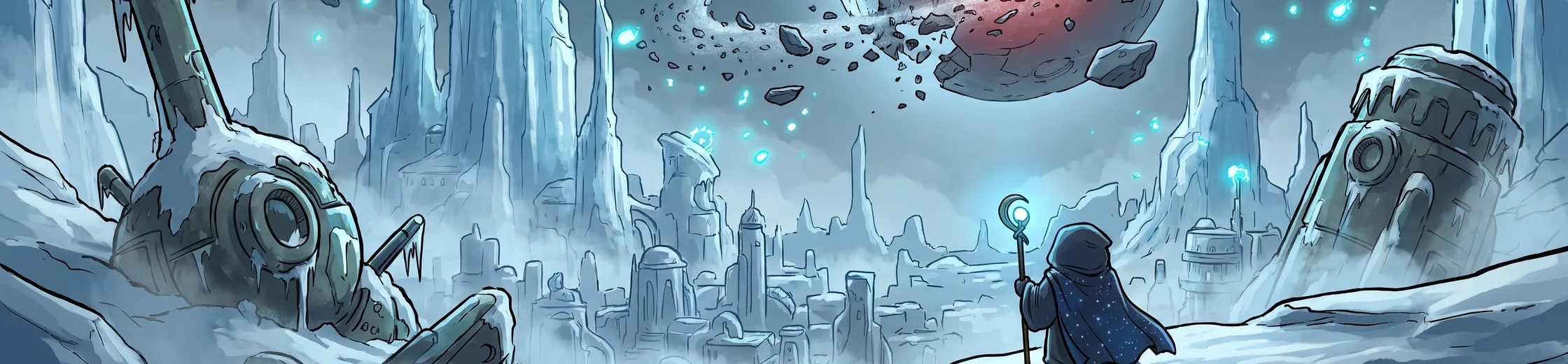 The frozen kingdom: ice spires and machinery under a shattered moon