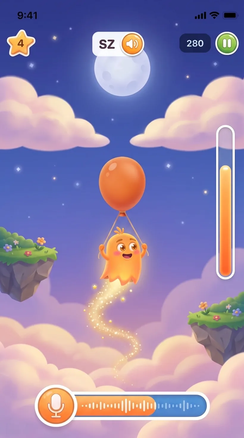 Balloon game: holding the sound lifts the ghost, the gauge on the right shows how long it has been held